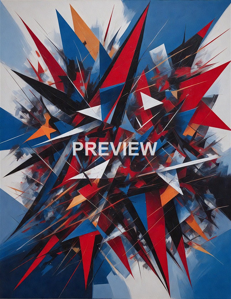 An abstract painting featuring sharp, angular shapes in red, blue, black, white, and orange, converging and overlapping in a dynamic composition.